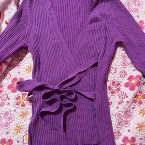 Purple Ribbed Wrap Sweater